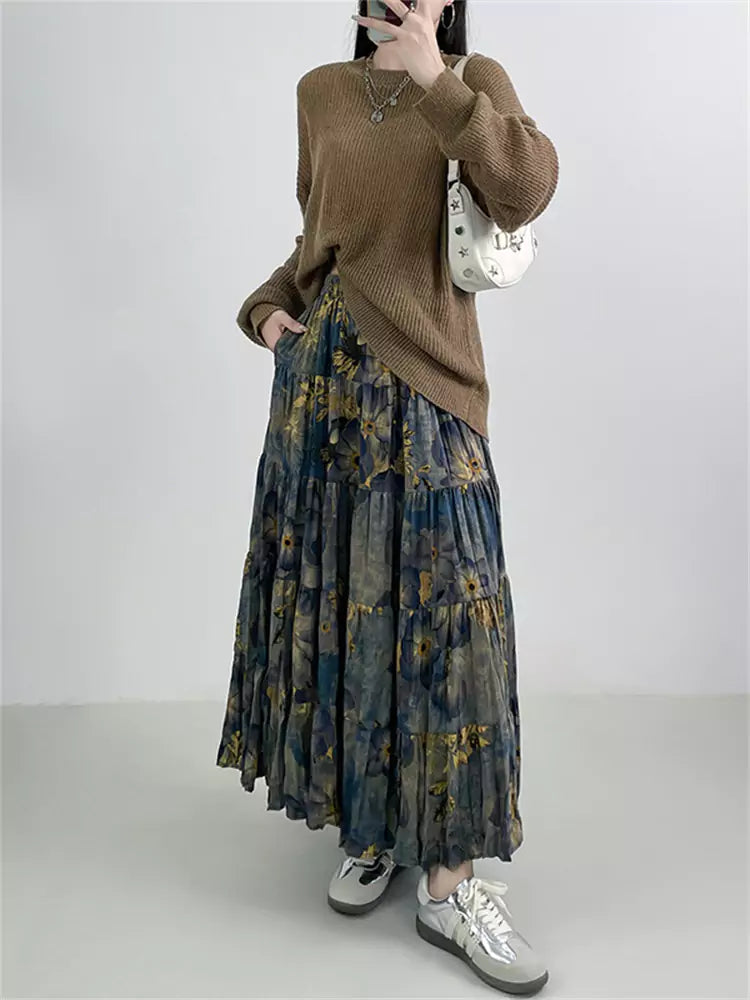 Falda francesa vintage floral de cintura alta, corte A y bolsillos