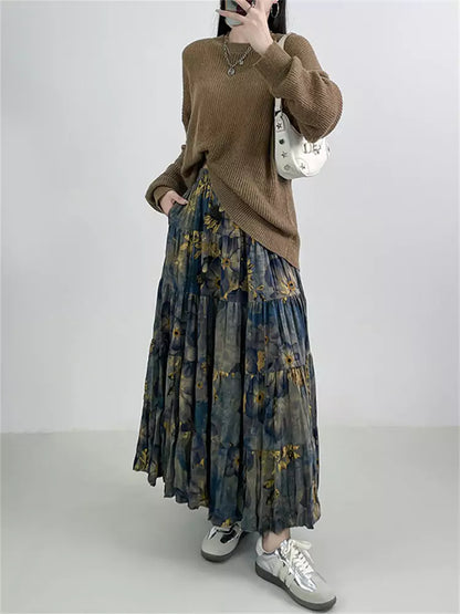 French Vintage Floral High-Waisted A-line Skirt with Pockets