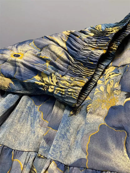 French Vintage Floral High-Waisted A-line Skirt with Pockets