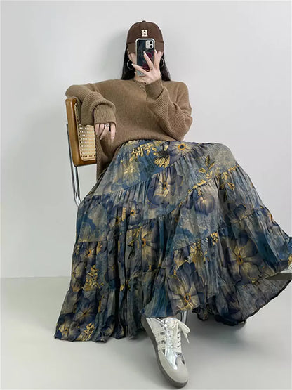 French Vintage Floral High-Waisted A-line Skirt with Pockets