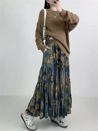 French Vintage Floral High-Waisted A-line Skirt with Pockets