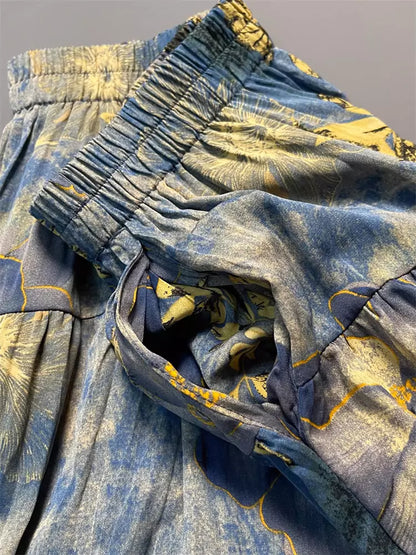 French Vintage Floral High-Waisted A-line Skirt with Pockets