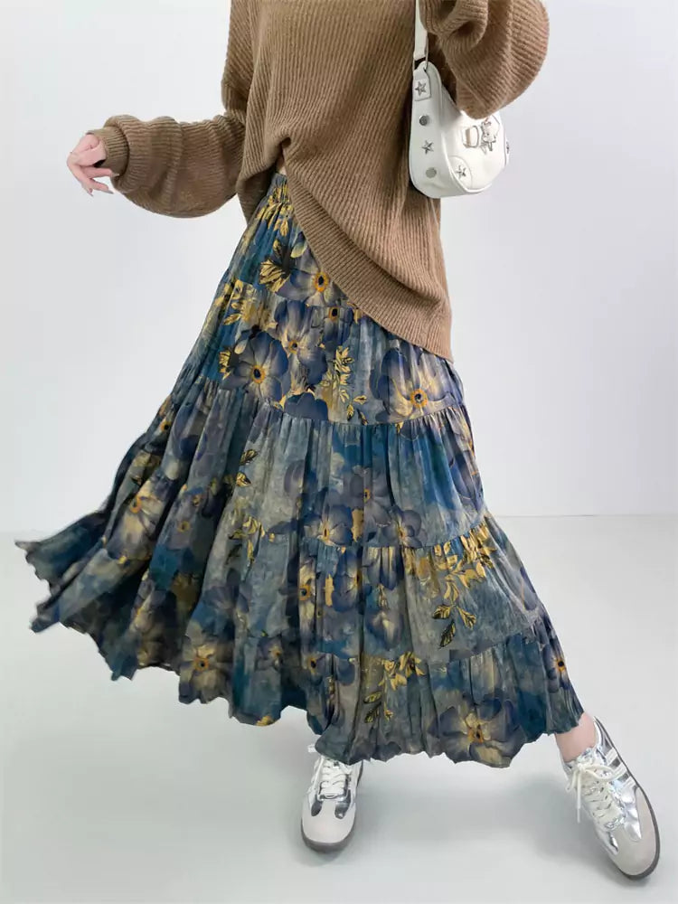 Falda francesa vintage floral de cintura alta, corte A y bolsillos