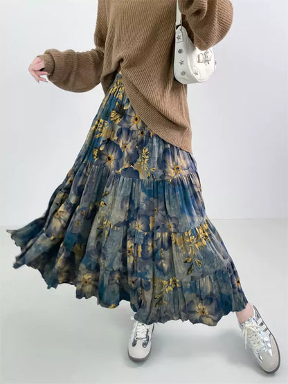 French Vintage Floral High-Waisted A-line Skirt with Pockets