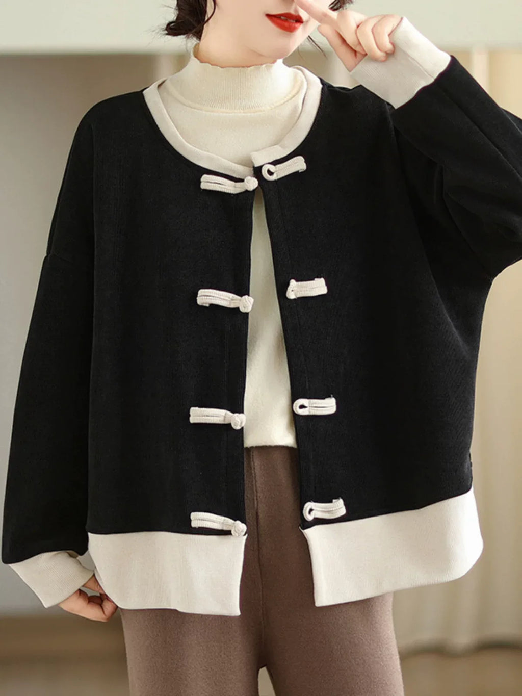 Frog Button Contrast Trim Long Sleeve Knit Cardigan