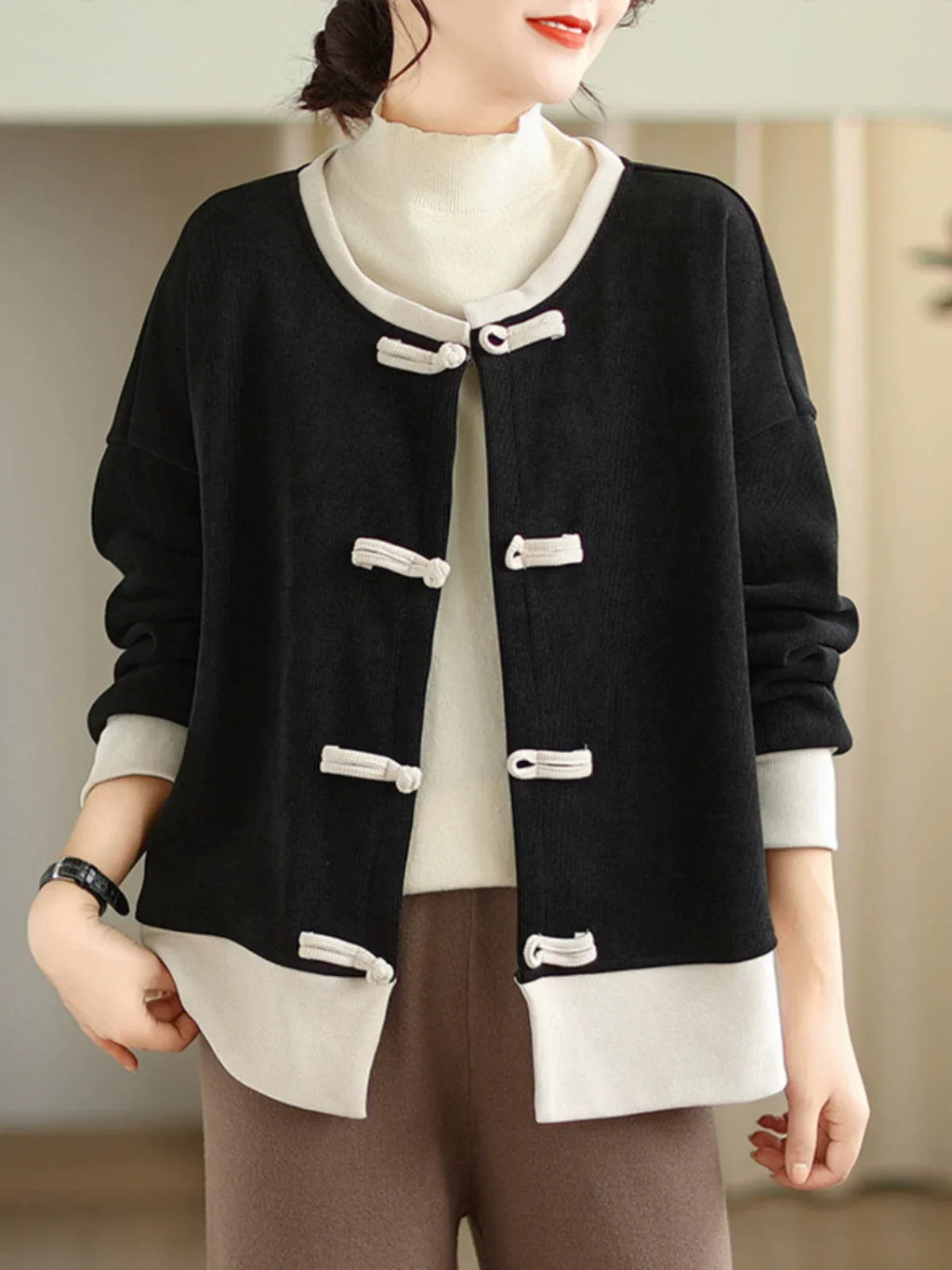Frog Button Contrast Trim Long Sleeve Knit Cardigan