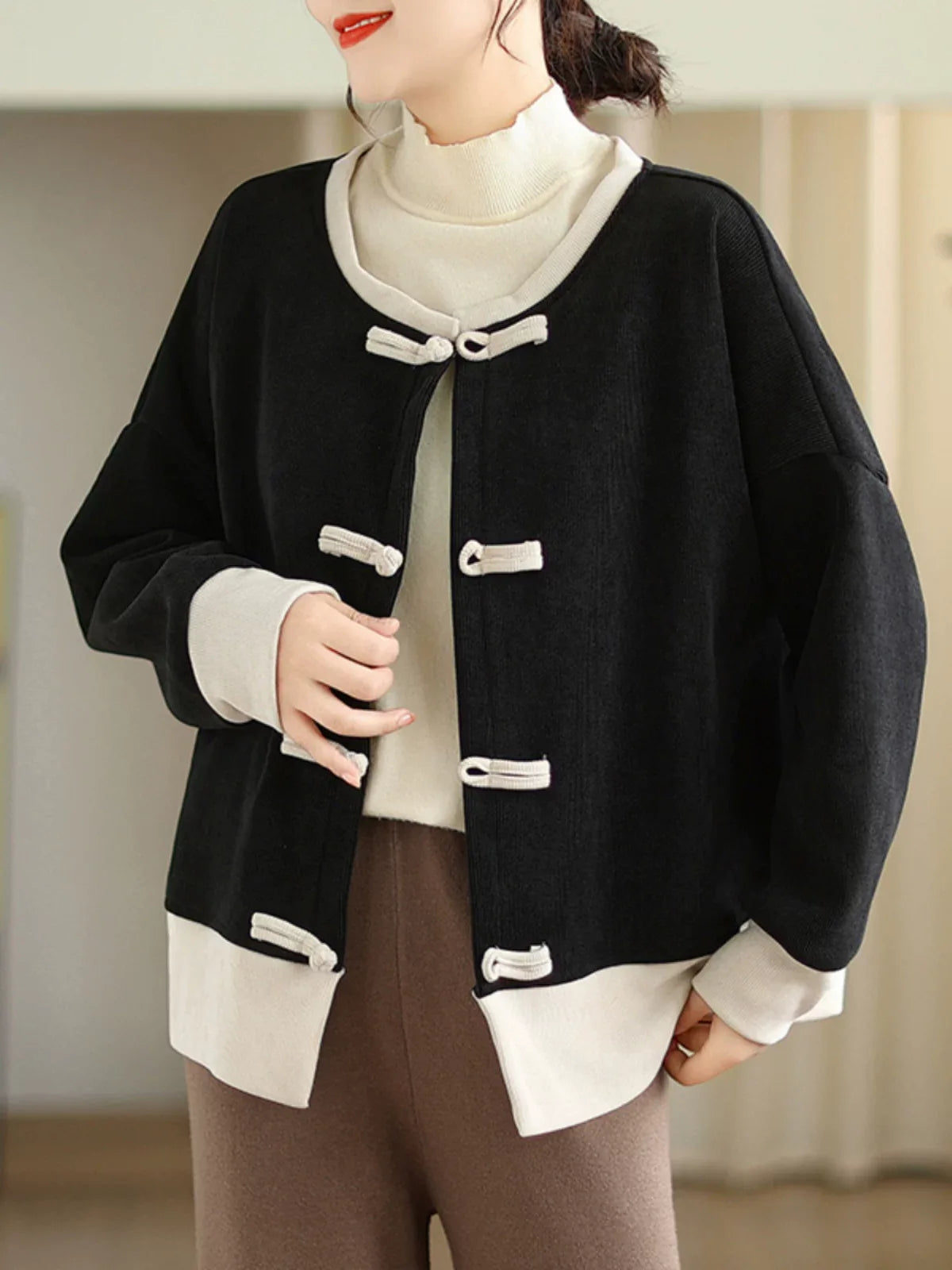 Frog Button Contrast Trim Long Sleeve Knit Cardigan