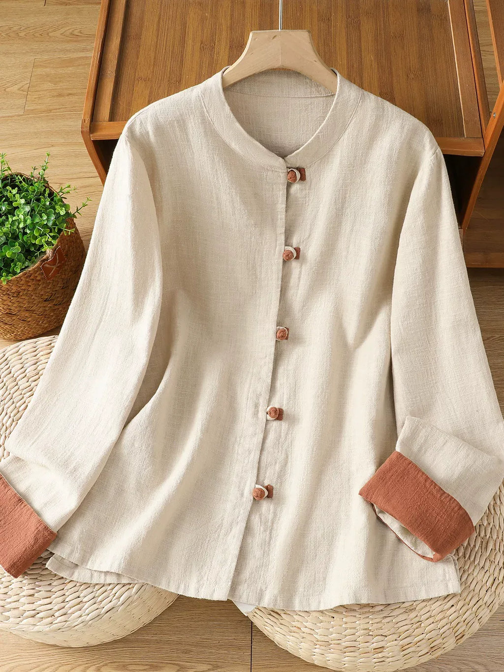 Frog Button Mandarin Collar Cotton Linen Long Sleeve Shirt