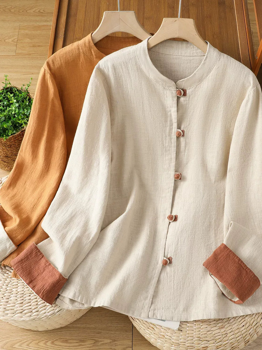 Frog Button Mandarin Collar Cotton Linen Long Sleeve Shirt