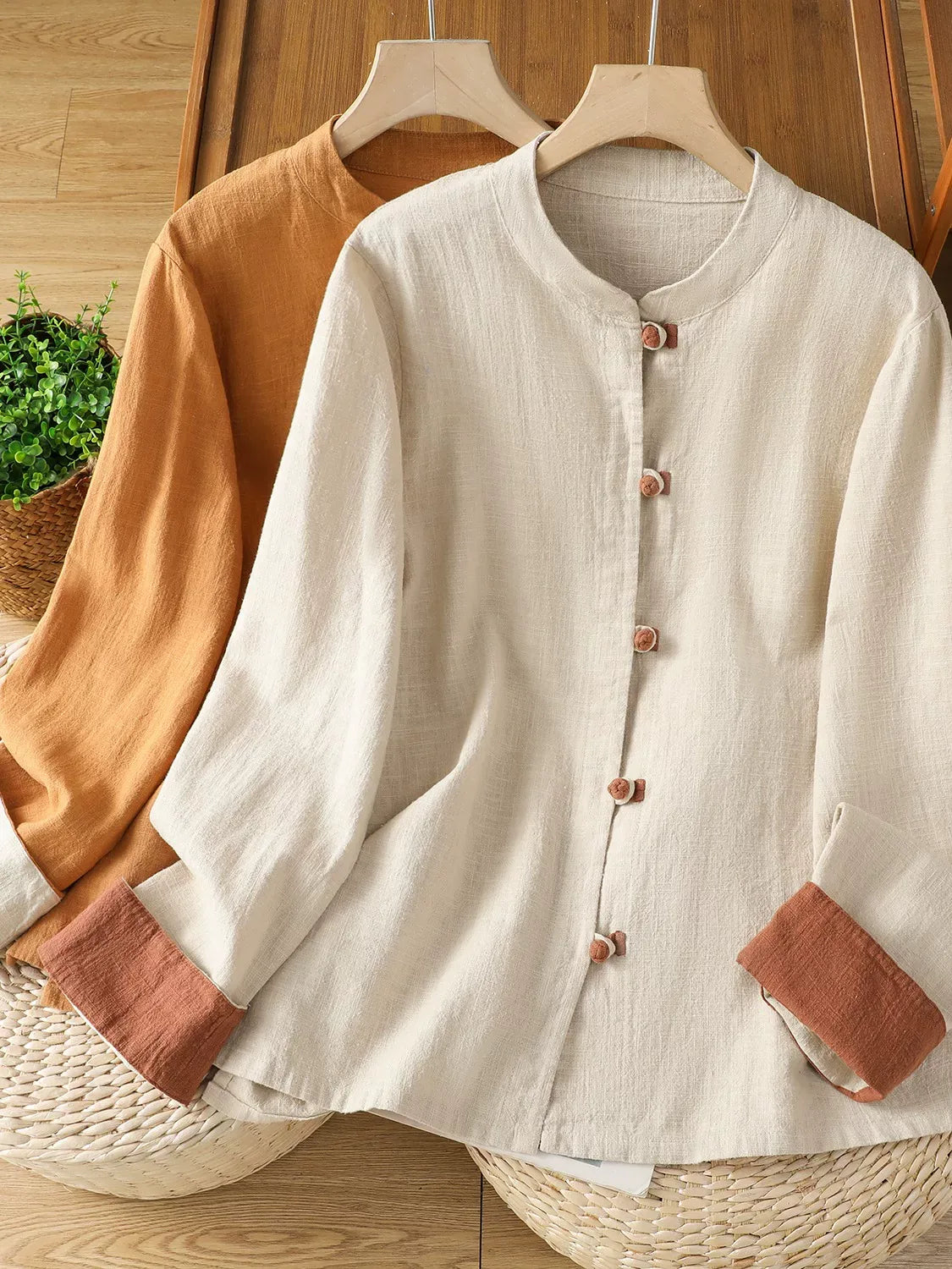 Frog Button Mandarin Collar Cotton Linen Long Sleeve Shirt