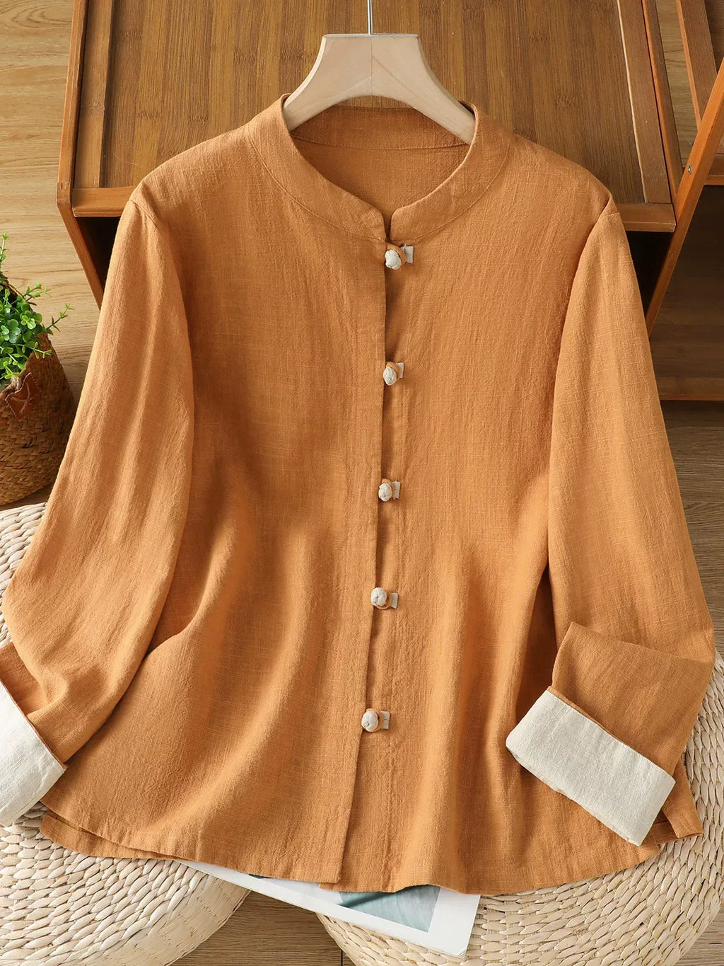 Frog Button Mandarin Collar Cotton Linen Long Sleeve Shirt