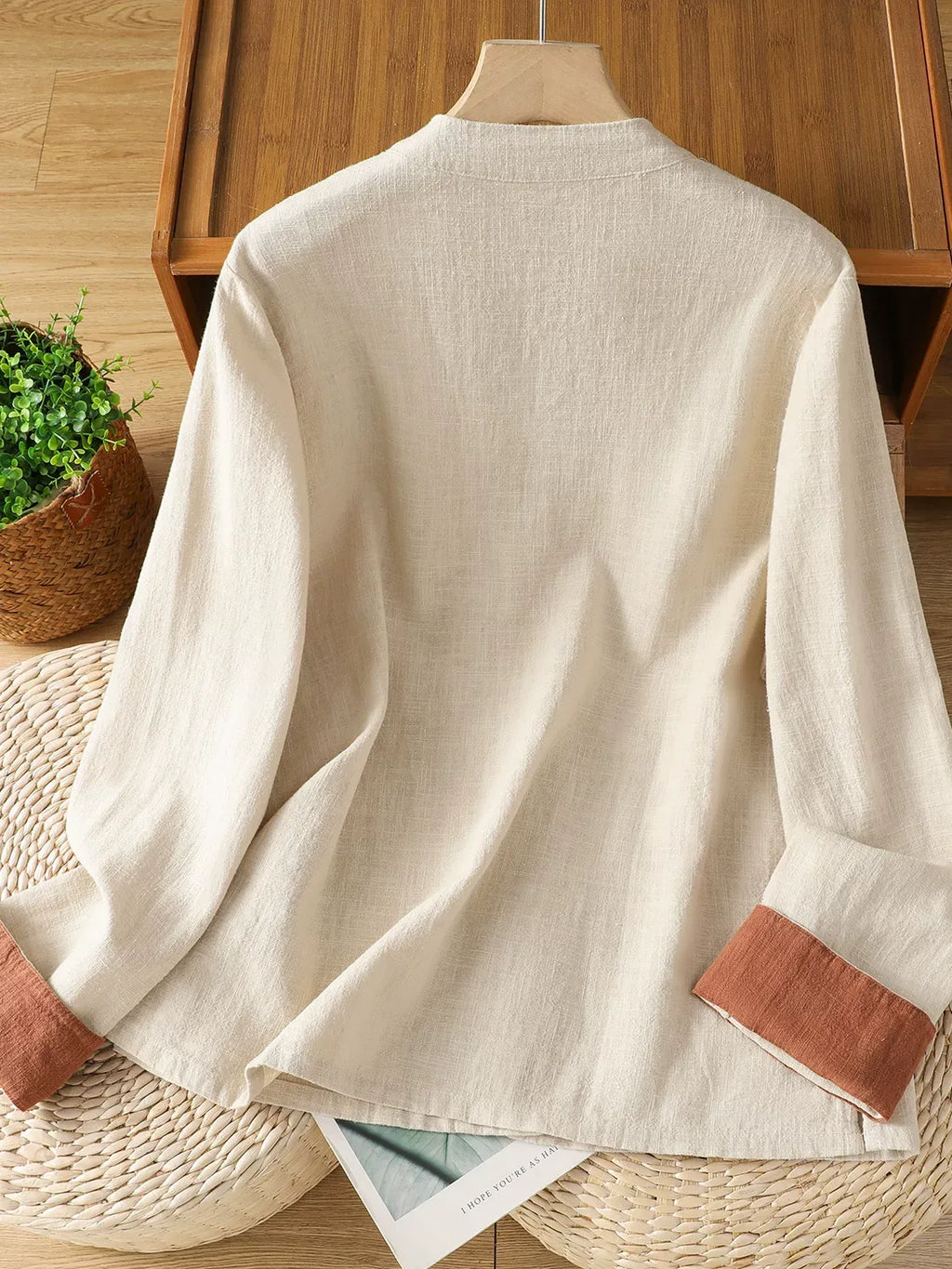 Frog Button Mandarin Collar Cotton Linen Long Sleeve Shirt