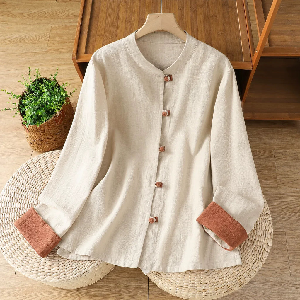 Frog Button Mandarin Collar Cotton Linen Long Sleeve Shirt - Natural Linen