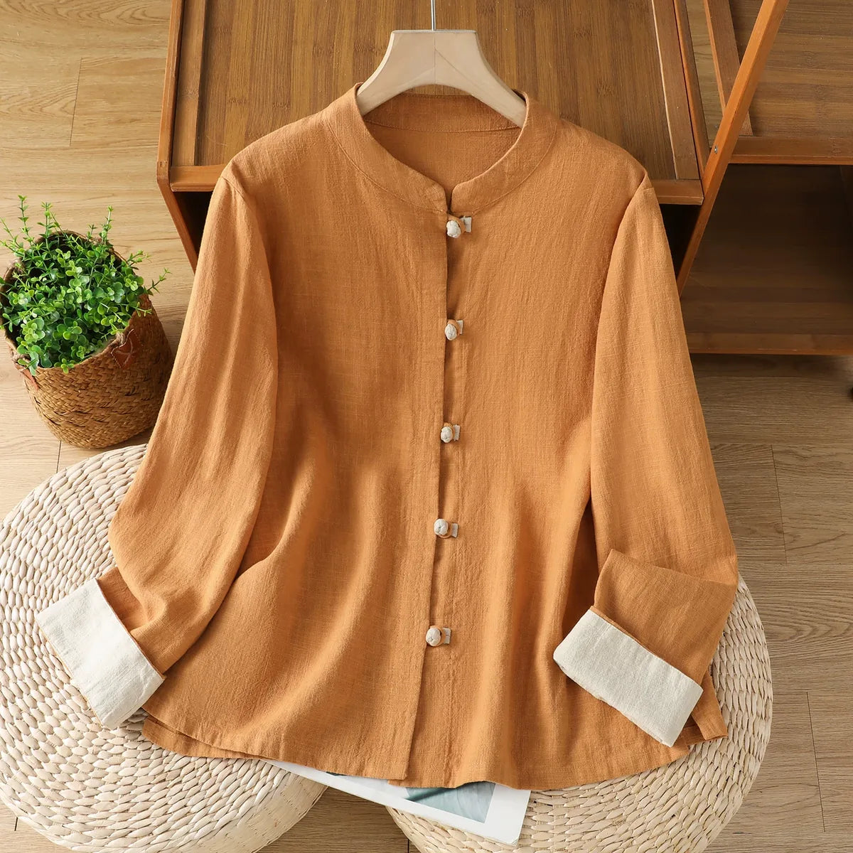 Frog Button Mandarin Collar Cotton Linen Long Sleeve Shirt - Orange