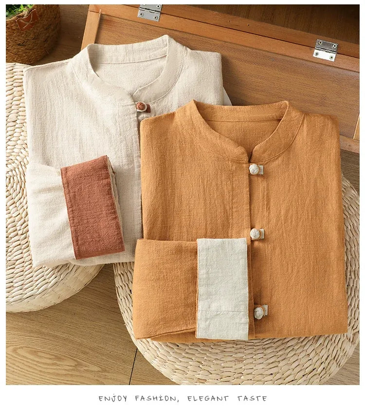Frog Button Mandarin Collar Cotton Linen Long Sleeve Shirt