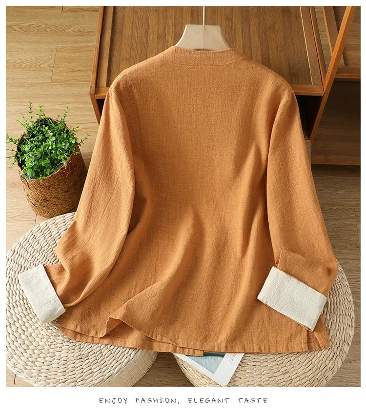 Frog Button Mandarin Collar Cotton Linen Long Sleeve Shirt