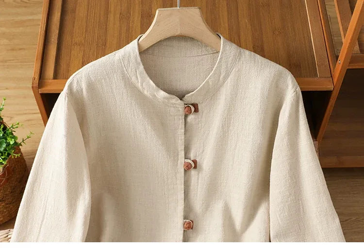 Frog Button Mandarin Collar Cotton Linen Long Sleeve Shirt
