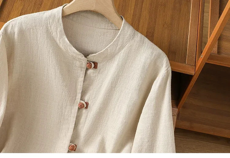 Frog Button Mandarin Collar Cotton Linen Long Sleeve Shirt