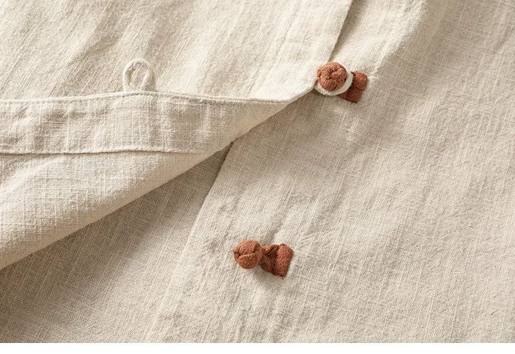 Frog Button Mandarin Collar Cotton Linen Long Sleeve Shirt