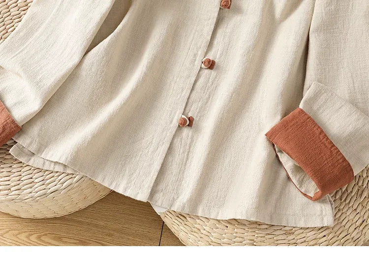 Frog Button Mandarin Collar Cotton Linen Long Sleeve Shirt