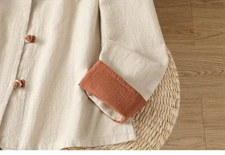 Frog Button Mandarin Collar Cotton Linen Long Sleeve Shirt
