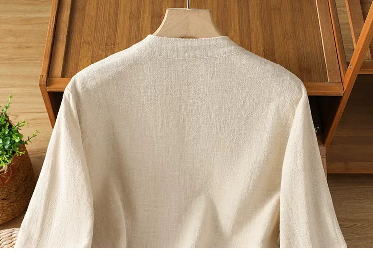 Frog Button Mandarin Collar Cotton Linen Long Sleeve Shirt