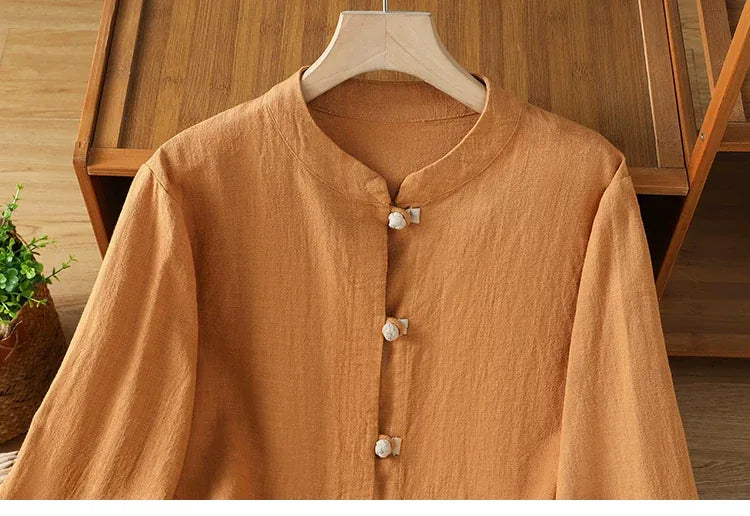 Frog Button Mandarin Collar Cotton Linen Long Sleeve Shirt