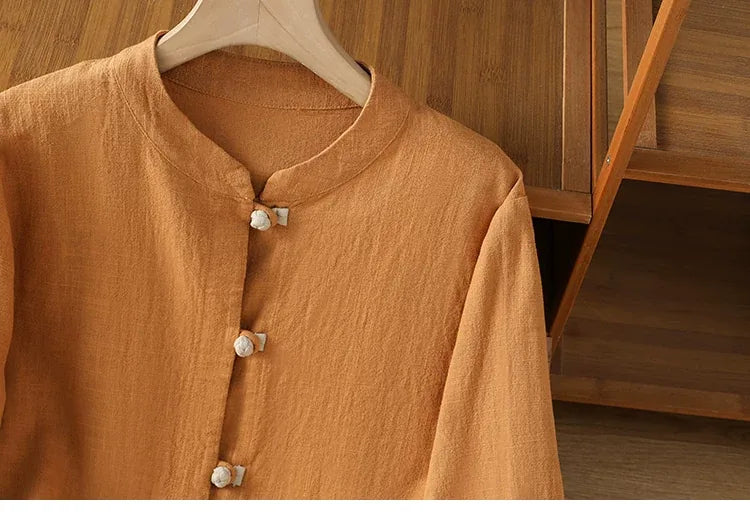 Frog Button Mandarin Collar Cotton Linen Long Sleeve Shirt