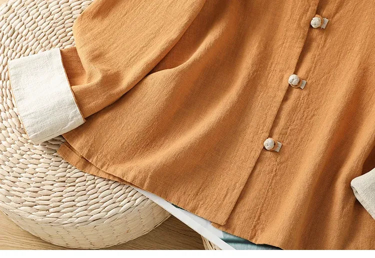 Frog Button Mandarin Collar Cotton Linen Long Sleeve Shirt