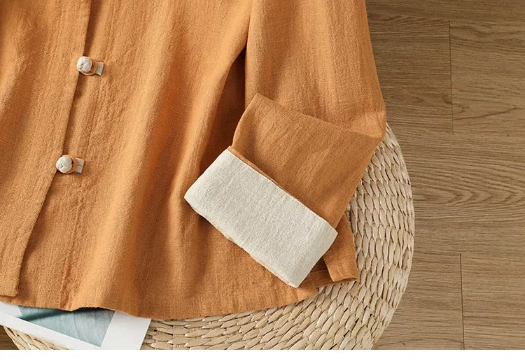 Frog Button Mandarin Collar Cotton Linen Long Sleeve Shirt