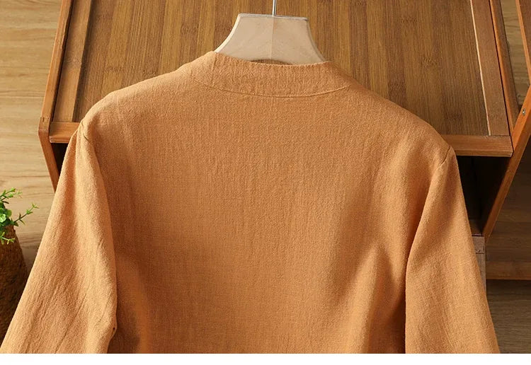 Frog Button Mandarin Collar Cotton Linen Long Sleeve Shirt