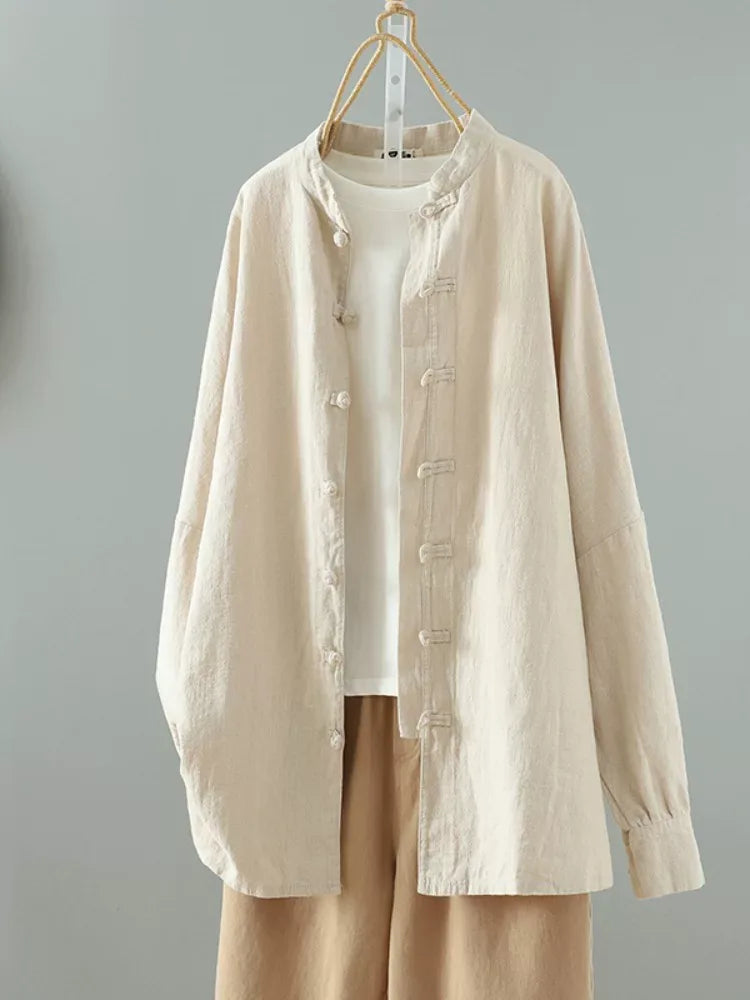 Frog Button Mandarin Collar Textured Long Sleeve Shirt