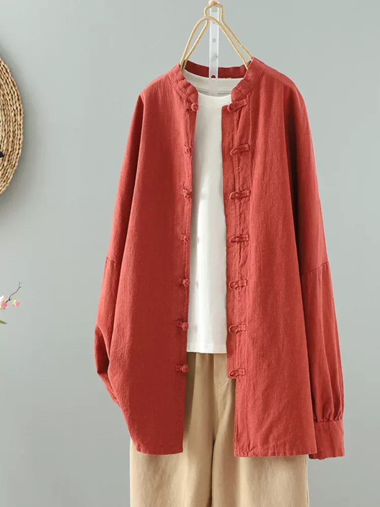 Frog Button Mandarin Collar Textured Long Sleeve Shirt