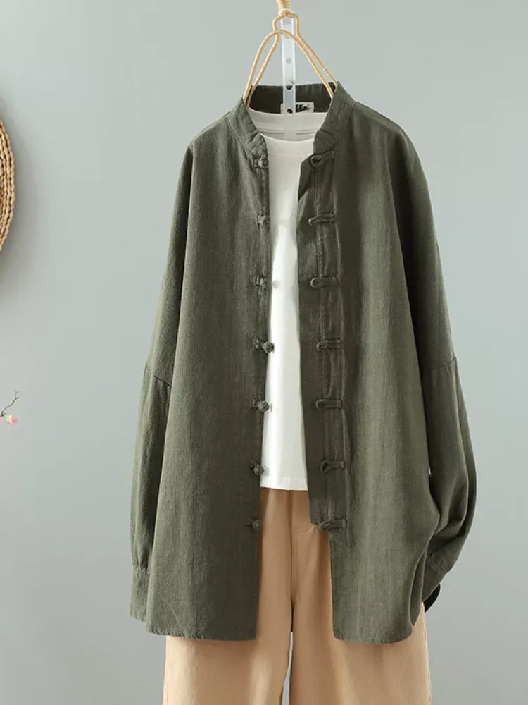 Frog Button Mandarin Collar Textured Long Sleeve Shirt