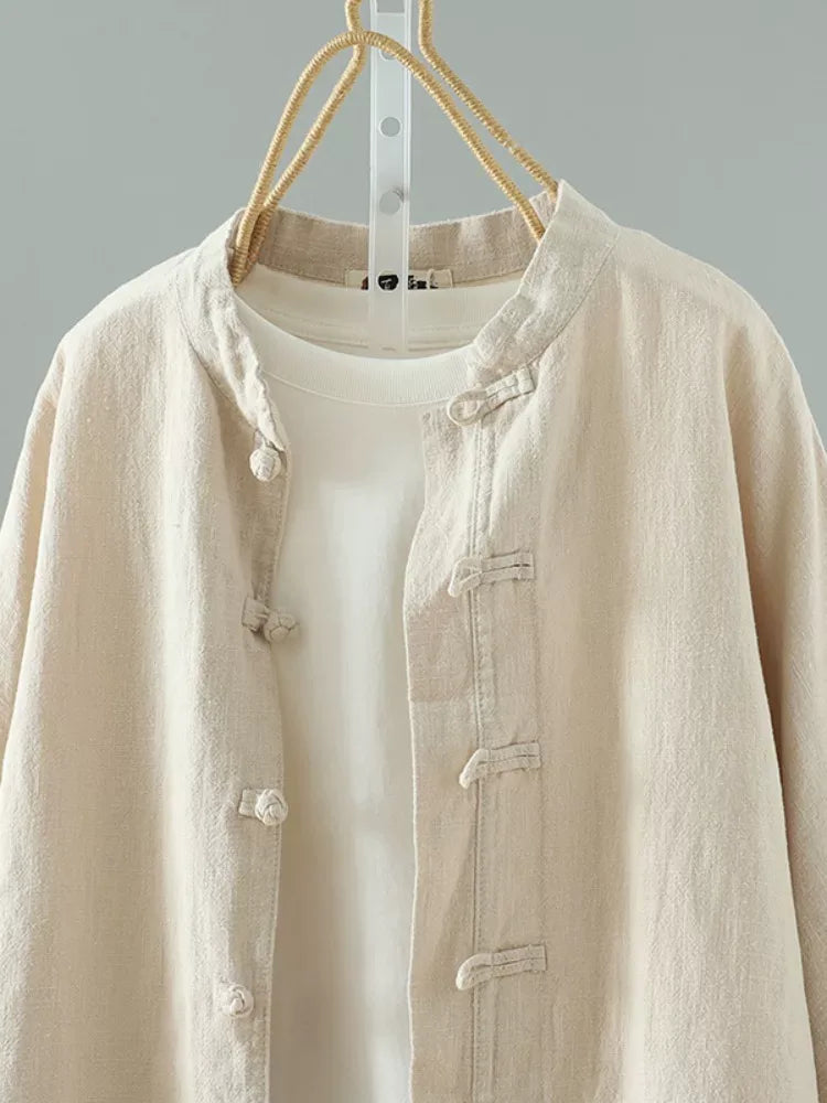 Frog Button Mandarin Collar Textured Long Sleeve Shirt