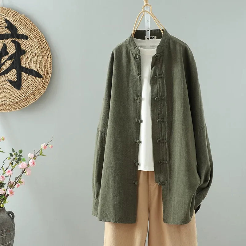 Frog Button Mandarin Collar Textured Long Sleeve Shirt