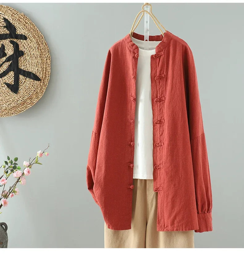 Frog Button Mandarin Collar Textured Long Sleeve Shirt