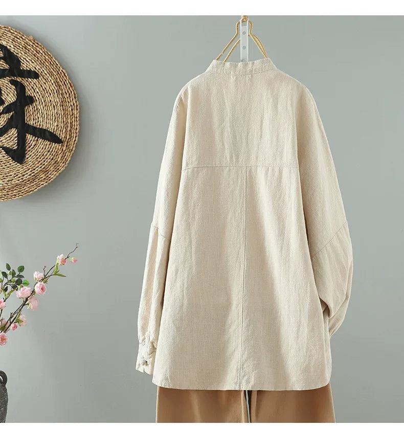Frog Button Mandarin Collar Textured Long Sleeve Shirt