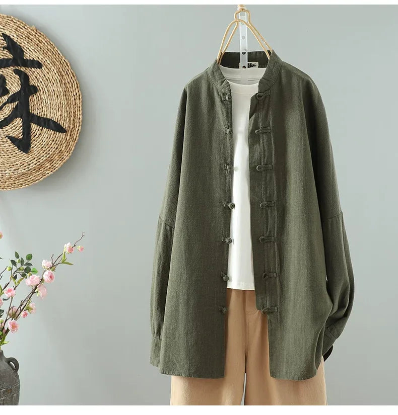 Frog Button Mandarin Collar Textured Long Sleeve Shirt