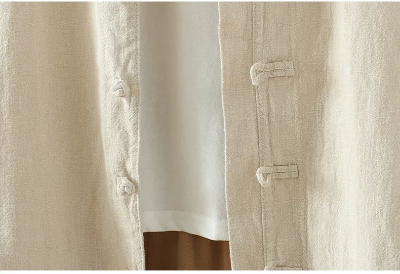 Frog Button Mandarin Collar Textured Long Sleeve Shirt