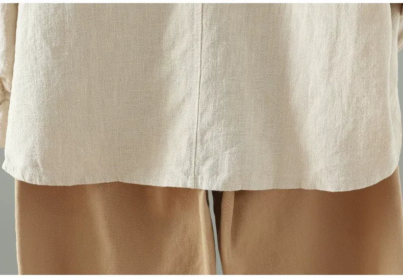 Frog Button Mandarin Collar Textured Long Sleeve Shirt