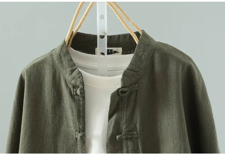 Frog Button Mandarin Collar Textured Long Sleeve Shirt