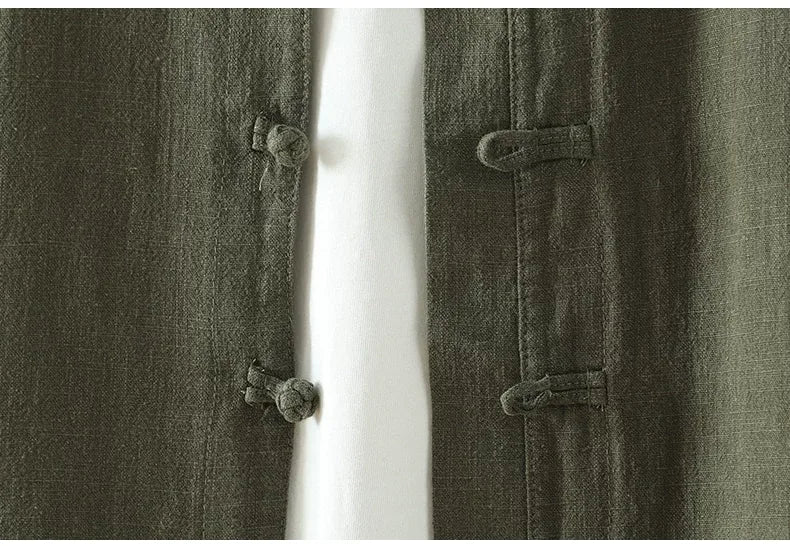 Frog Button Mandarin Collar Textured Long Sleeve Shirt