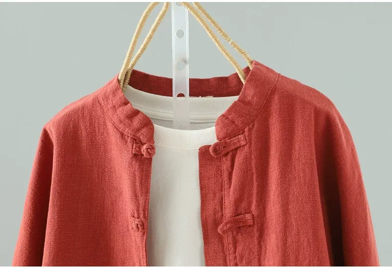 Frog Button Mandarin Collar Textured Long Sleeve Shirt