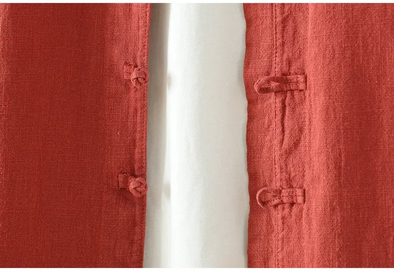 Frog Button Mandarin Collar Textured Long Sleeve Shirt
