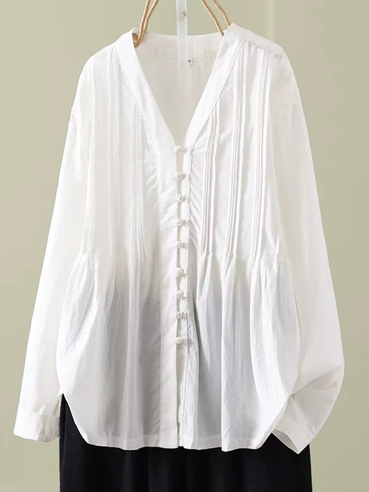 Frog Button Pleated V-Neck Long Sleeve Shirt