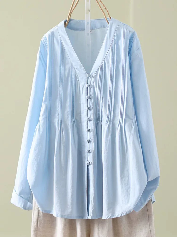 Frog Button Pleated V-Neck Long Sleeve Shirt