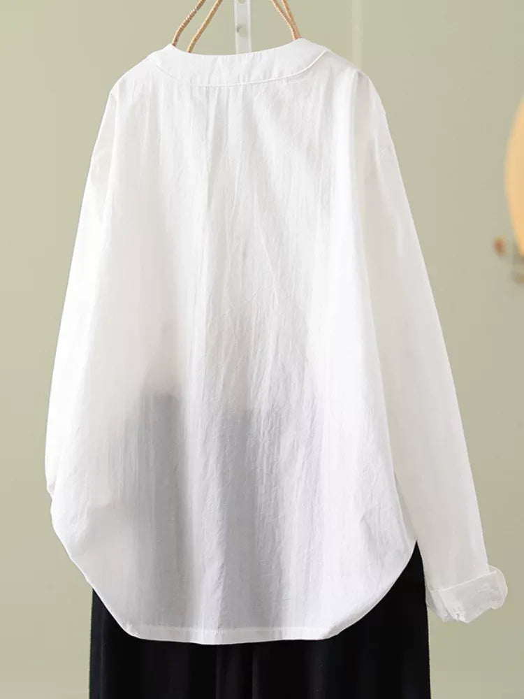 Frog Button Pleated V-Neck Long Sleeve Shirt