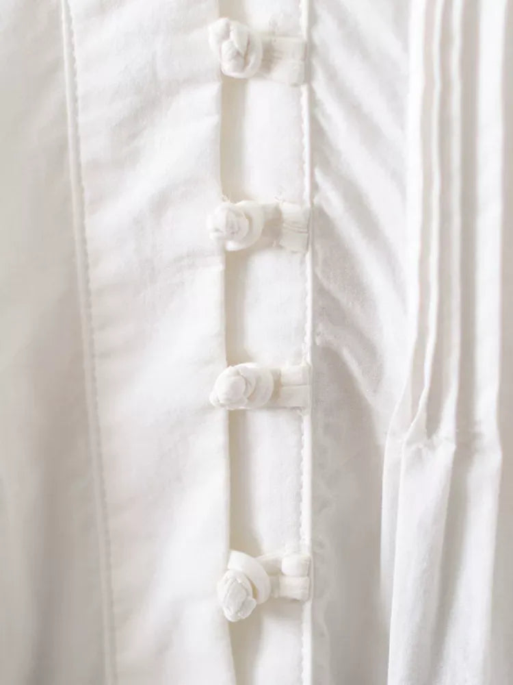 Frog Button Pleated V-Neck Long Sleeve Shirt