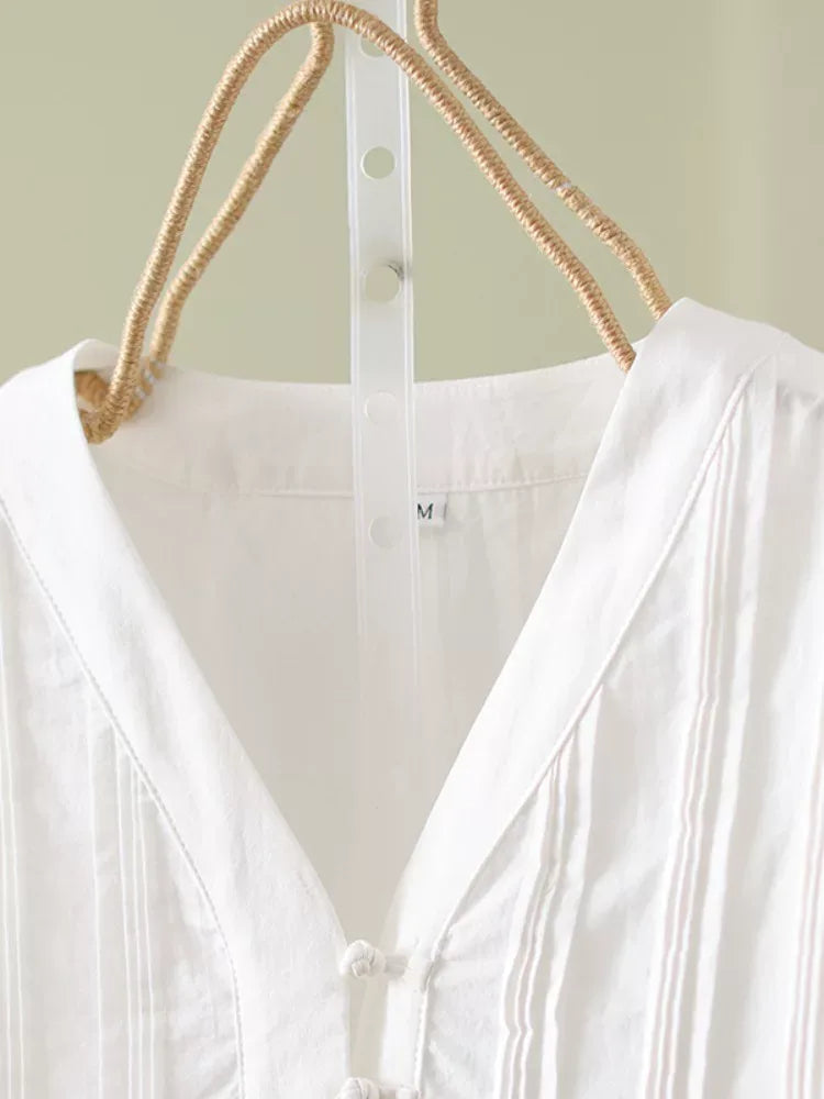 Frog Button Pleated V-Neck Long Sleeve Shirt